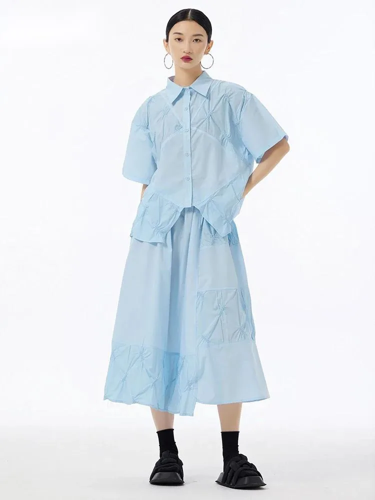 

Blue Pleated Shirt Half-body Skirt Two Pieces Suit New Lapel Short Sleeve Women Fashion Tide Spring Summer