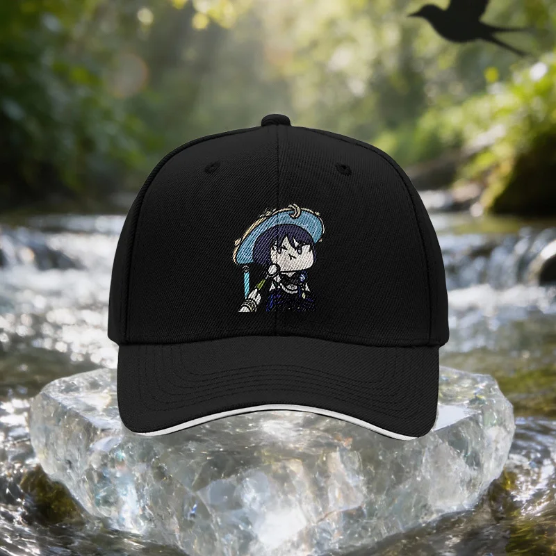 Black-Clad Character Comic Design Sandwich Baseball Cap, Unisex, Simple and Lightweight Adjustable Outdoor Sun Hat, Ideal Gift f