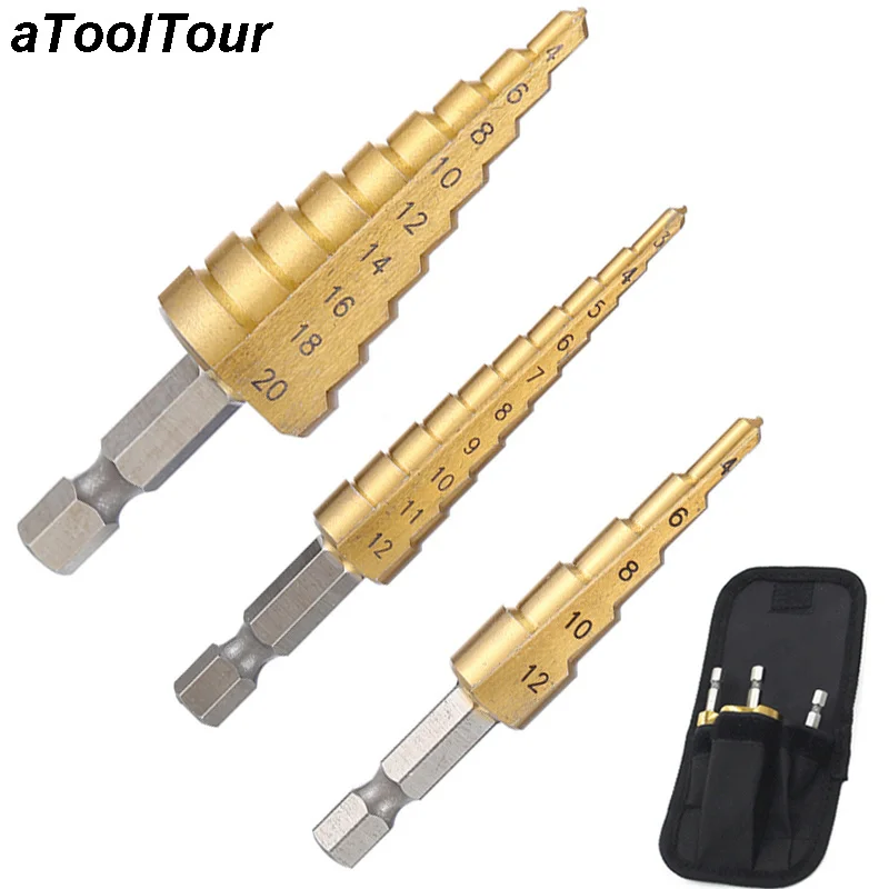 3mm 12mm 20mm Hight Speed Steel Straight Groove Step Drill Bit Set Hex Titanium Coated Wood Metal Hole Cutter Core Tool