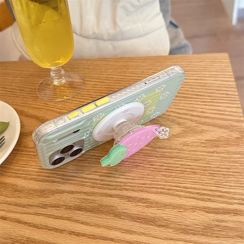 Green Stripe Flower Magnetic Phone Case For iPhone 15 16 17 ProMax Clear With 3D Pink Strawberry for Magsafe Socket Soft Cover