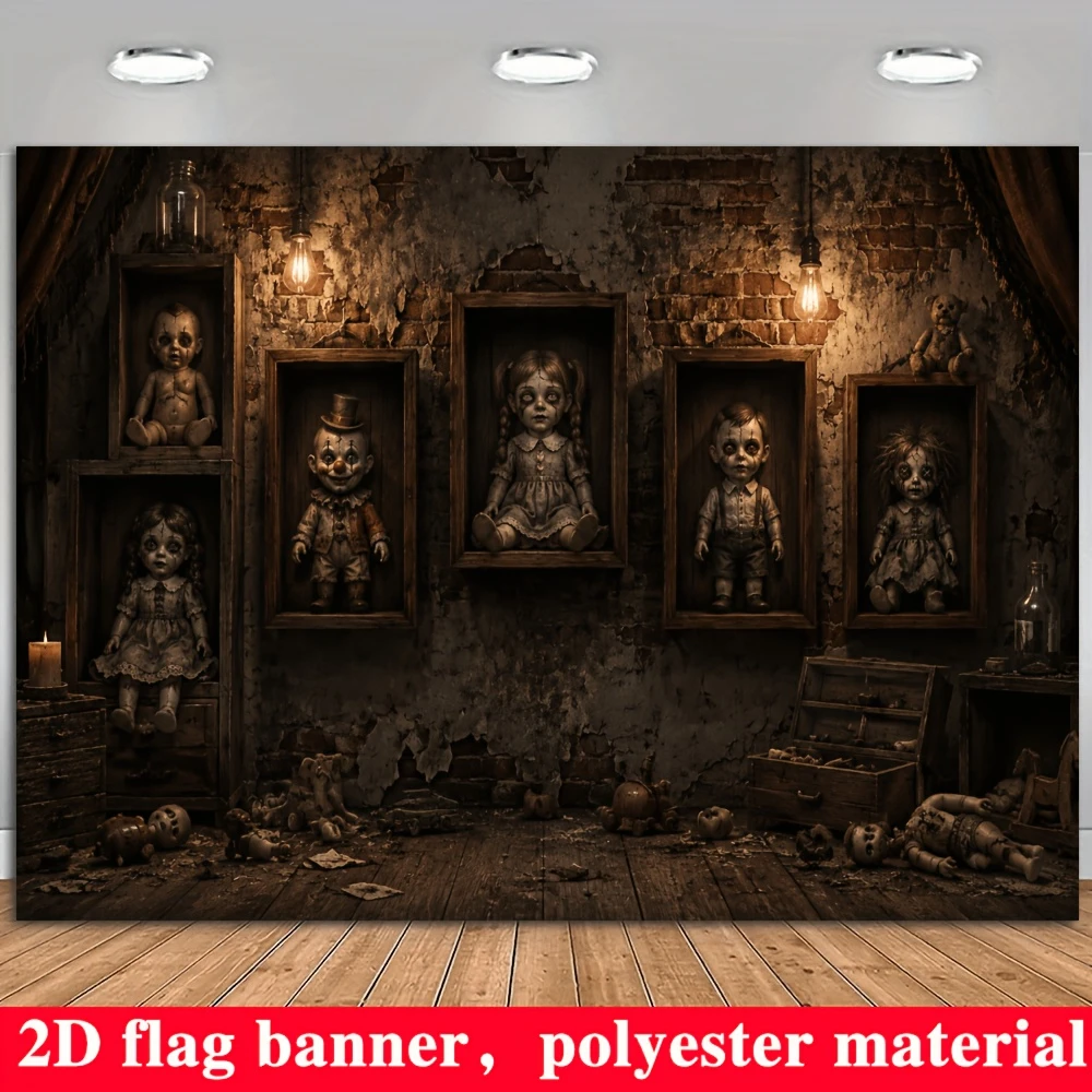 1PC Halloween Creepy Dolls Brick Wall Print Backdrop Banner, Bedroom Living Room Kitchen Photo Background, Wall Art, Polyester