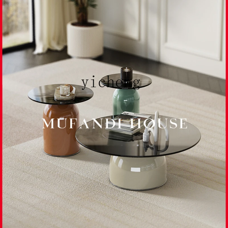 

ZC round Glass Coffee Table Side Table Combination Simple Modern Light Luxury Living Room Small Apartment Home