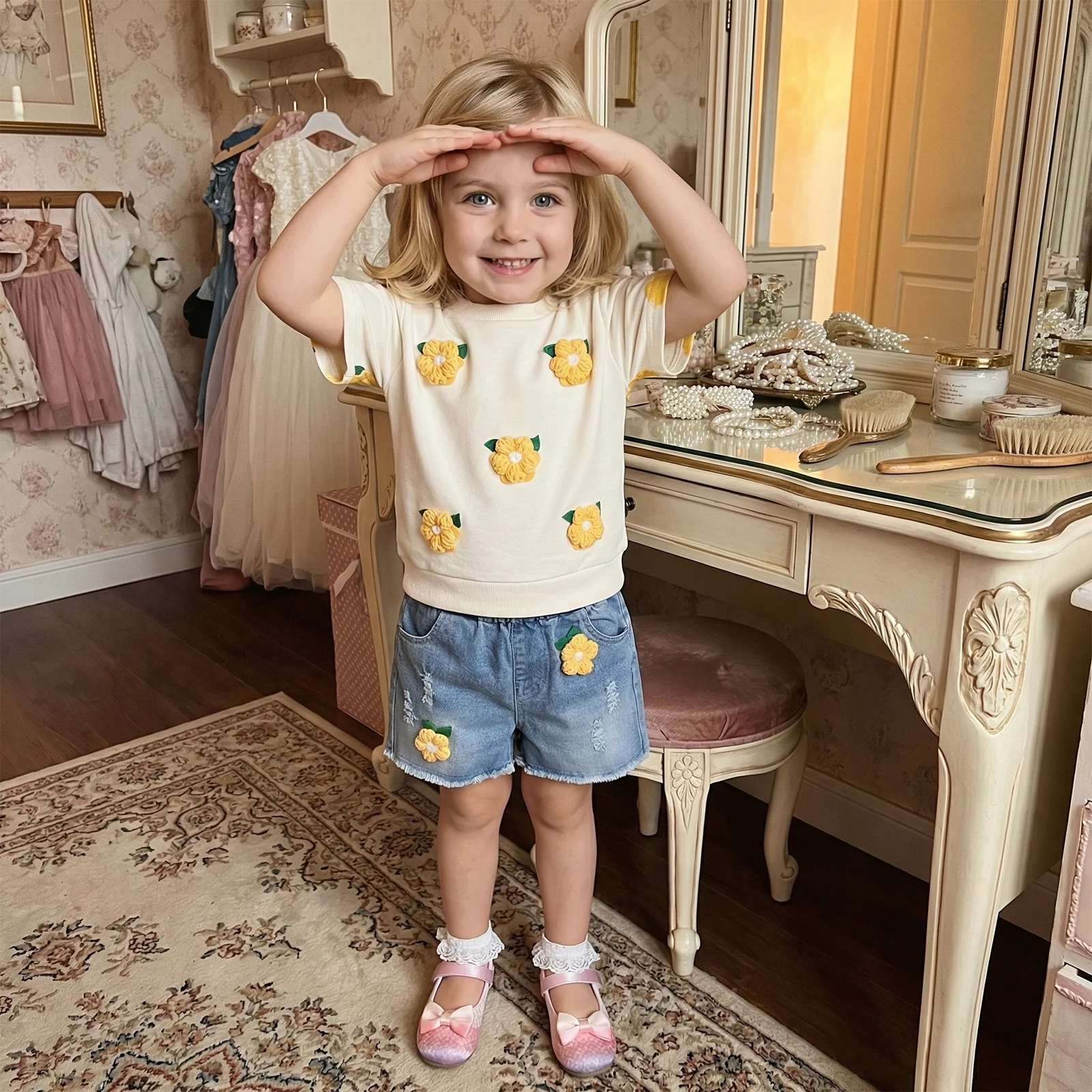 Toddler Girls Summer Outfit 3D Flowers Short Sleeves T-Shirt and Elastic Ripped Denim Shorts Set 2 Piece Clothes
