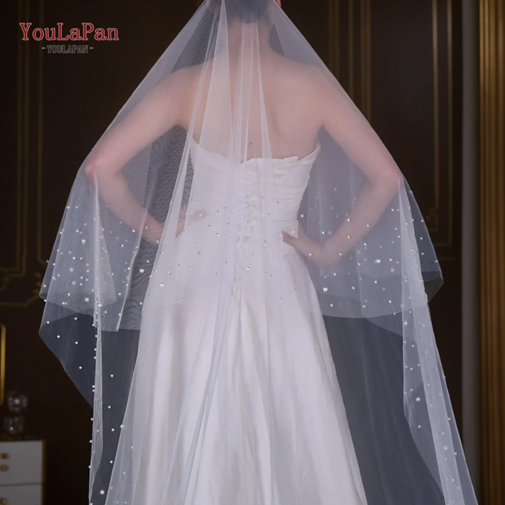 YouLaPan V114a velo da sposa con perle con fard 2 livelli velo da sposa cattedrale lunghezza velo da goccia con accessori da sposa in rilievo