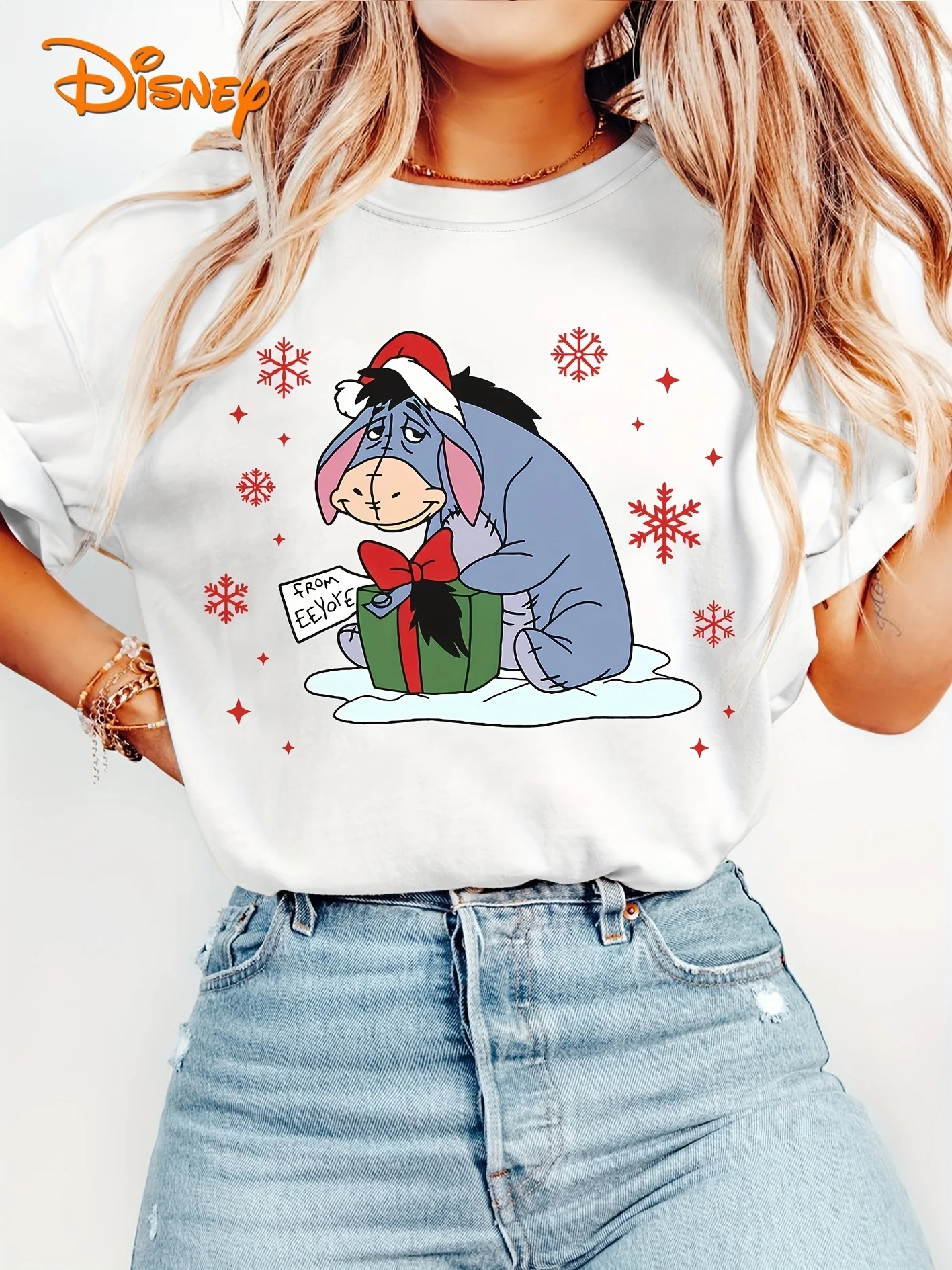 

Женская футболка с рождественским узором Disney Eeyore, винтажная хлопковая уличная одежда унисекс с короткими рукавами, свободная повседневная стильная одежда большого размера