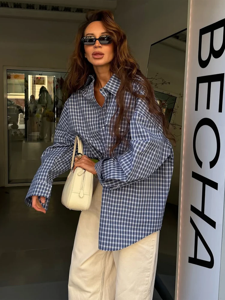 Blue Lapel Loose Plaid Shirt Women Fashion Long-sleeved Single Breasted Street Blouse 2026 Lady New Daily Street Chic Wear