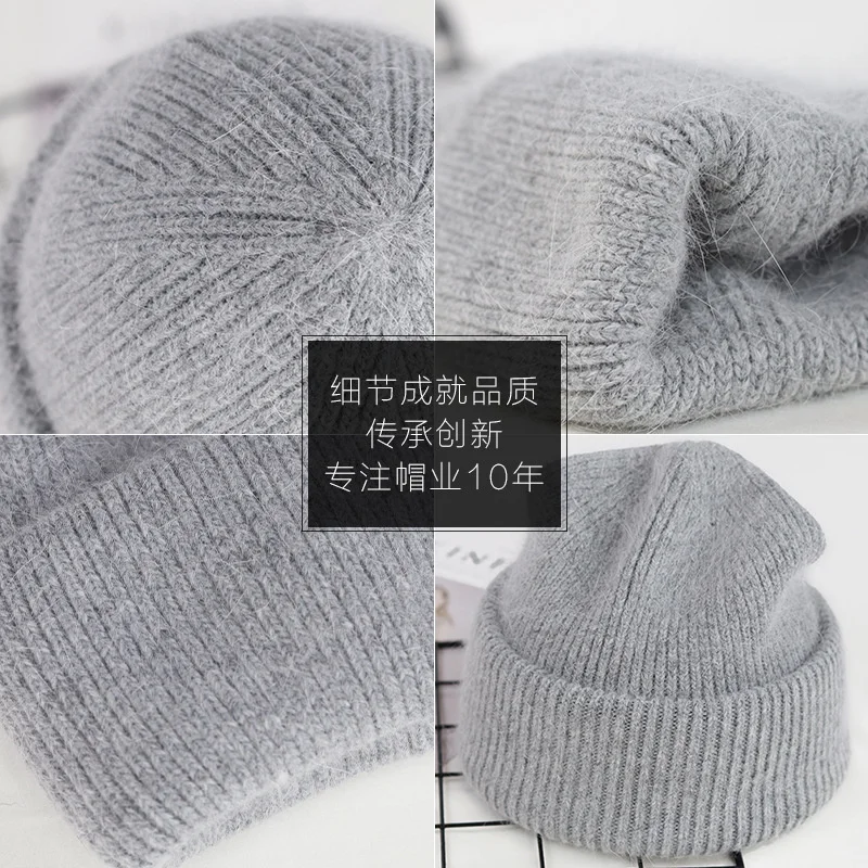 2023 Hot Selling Brand Skullies Beanies Solid Rabbit Fur Knitted Hat Soft Warm  Gorros Female Cap Angora Winter Hats For Women