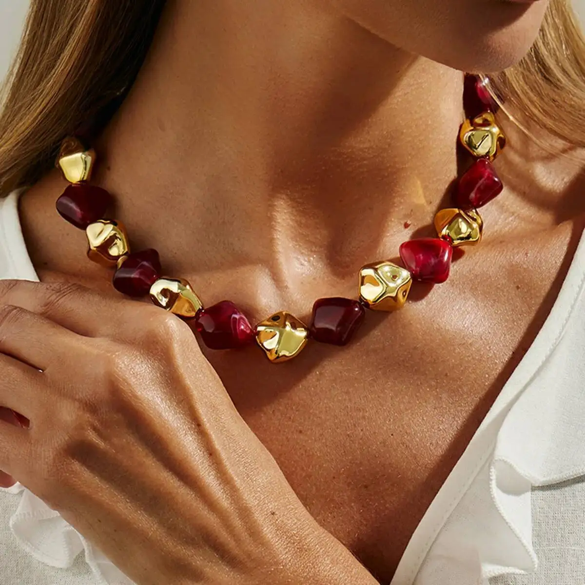 SHIXIN 5 Colors Bohemian Resin Acrylic Choker Necklace for Women Vintage Irregular Beaded Short Necklace Jewelry on the Neck