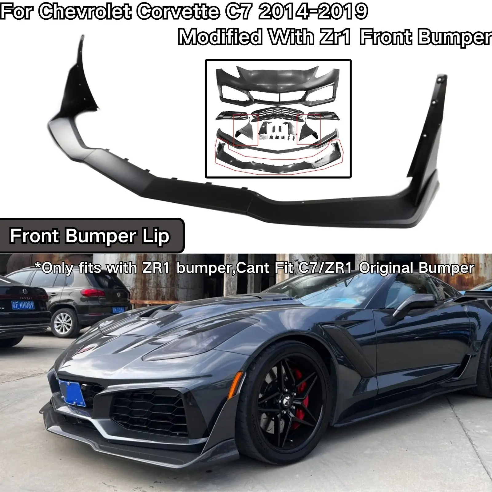 For Chevrolet Corvette C7 2014 2015-2019 Modified With Zr1 Bumper  Front Bumper Lip With Winglets Spoiler Splitter Body kit