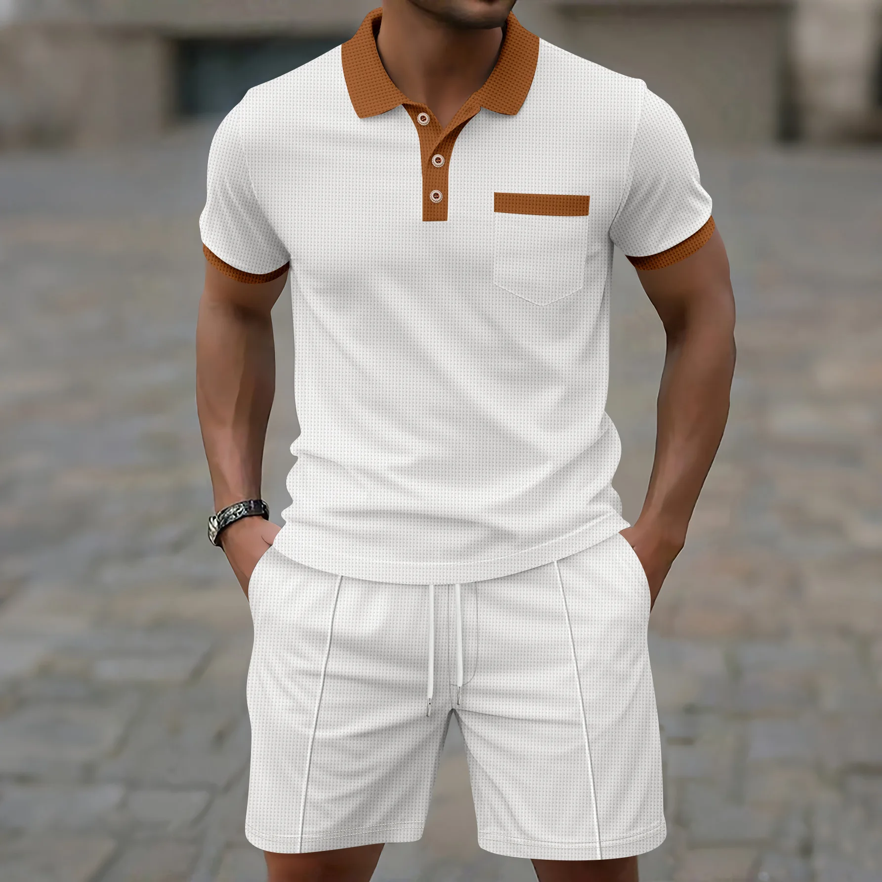 Summer new men's waffle check charm suit lapel color matching chest pocket leisure sports simple short-sleeved shorts suit