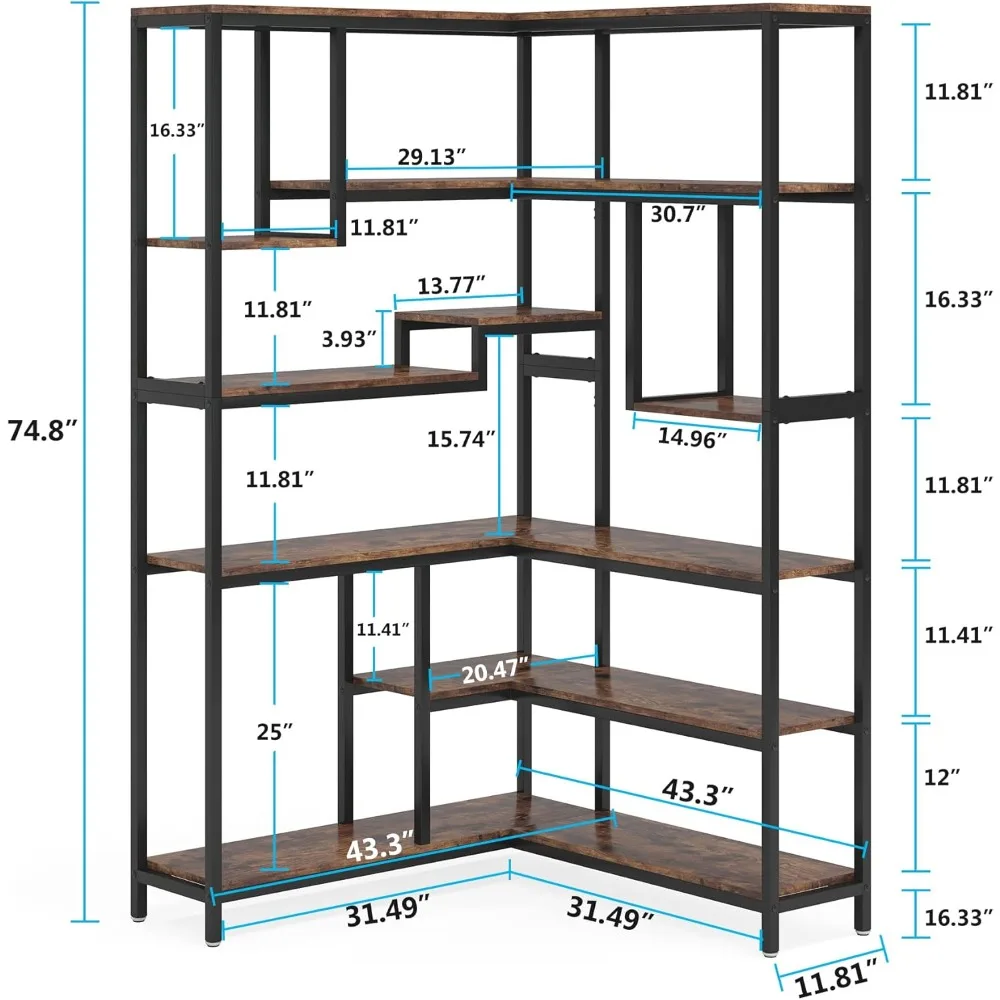 Rak buku sudut 6-RAK, Sarung buku sudut Modern besar, rak Display penyimpanan sudut tinggi 6-Tier dengan bingkai logam