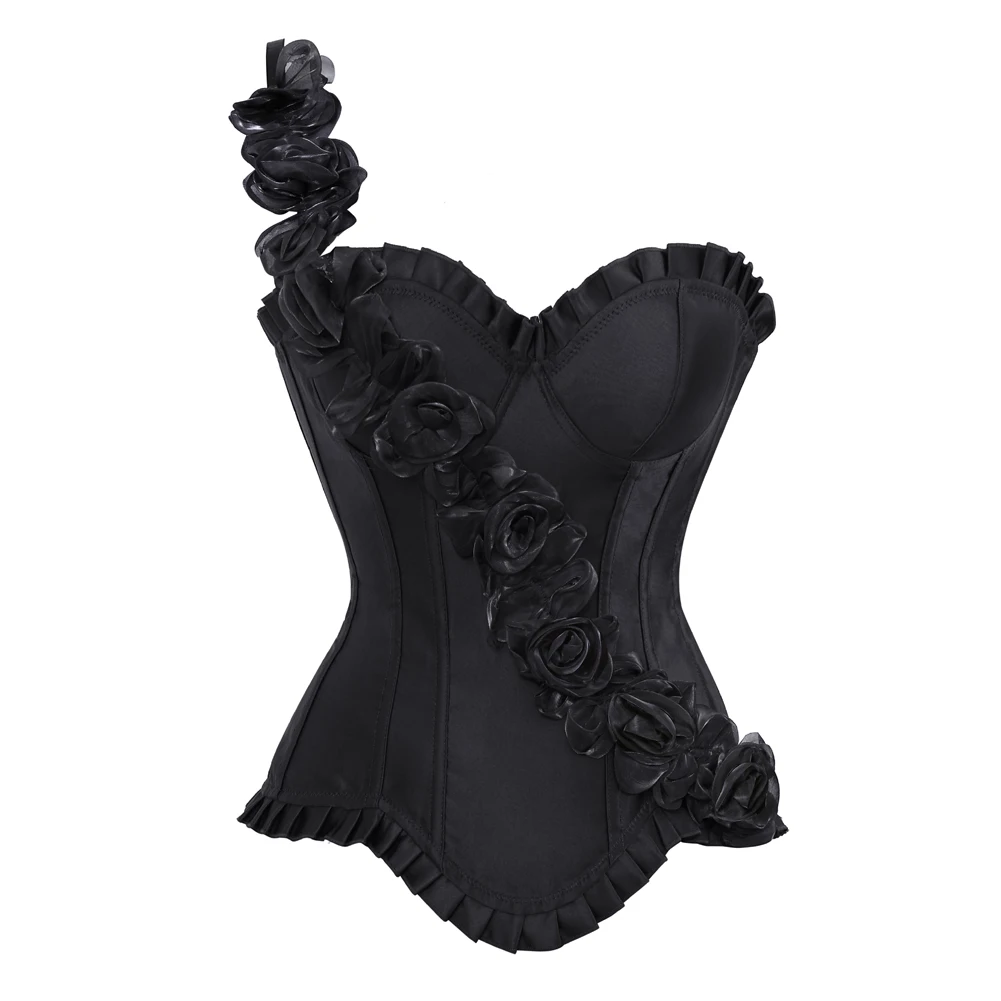 Overbust Corsets For Women Sexy Lace Up Corset and Bustiers One Shoulder Strap Flower Burlesque Corsets