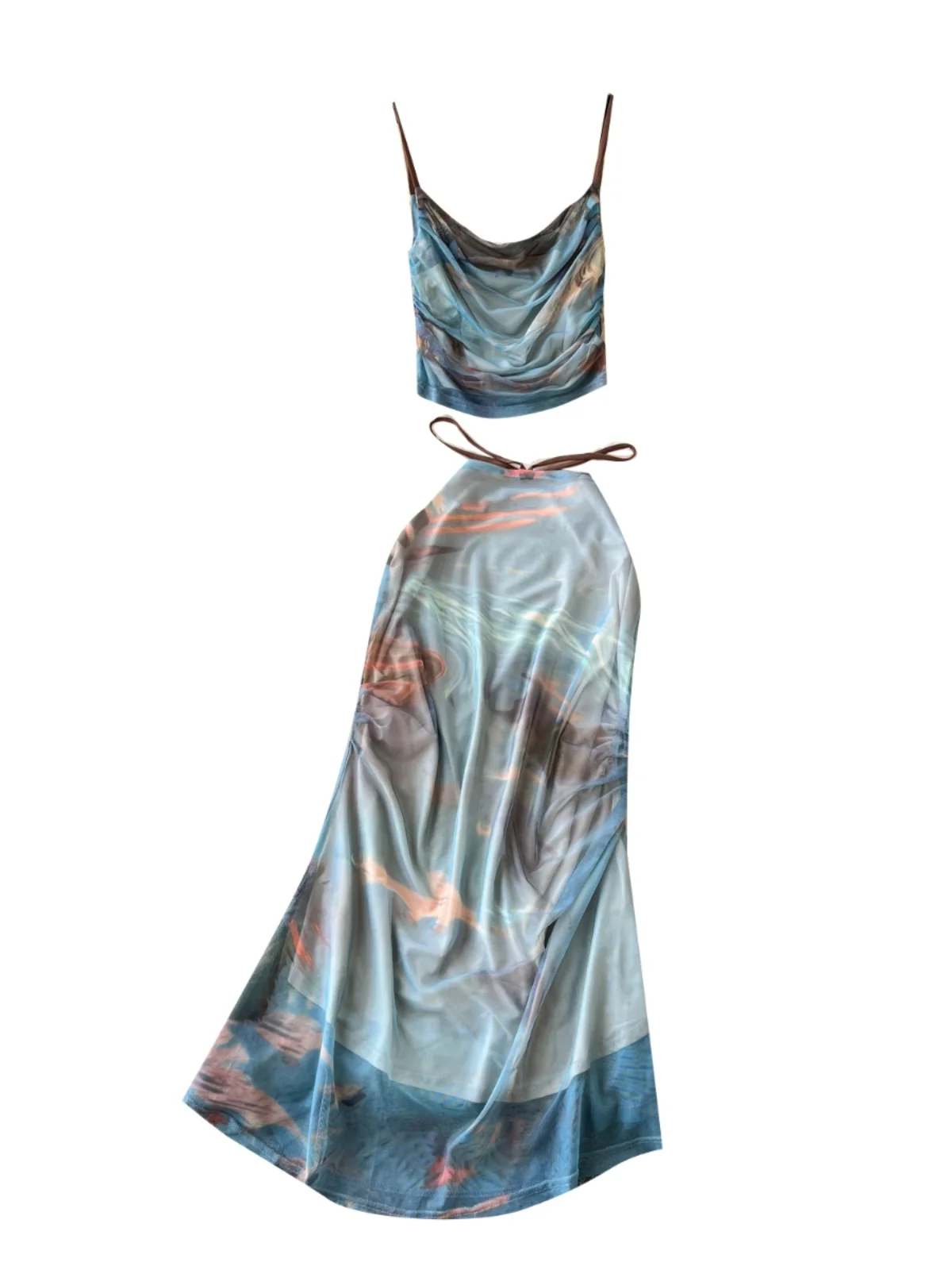 Conjunto de Moda Fena Pure Desire Vaion: Top Curto com Alças e Saia Midi Psada de Malha Justa de Cintura Alta com D...