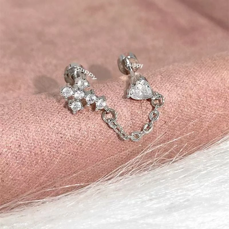 1PC Silver Color Cross Double Ear Hole Chain Tassel Ear Bone Nail  Bling Zircon Inoxidable Stainless Steel Earrings Jewelry Gift