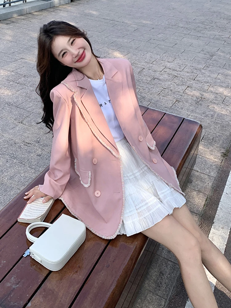 LANMREM Streetwear Blazer Women\'s Notched Double Breasted Contrast Color Fashion Coat 2024 Female Autumn New Clothing 2Z2395