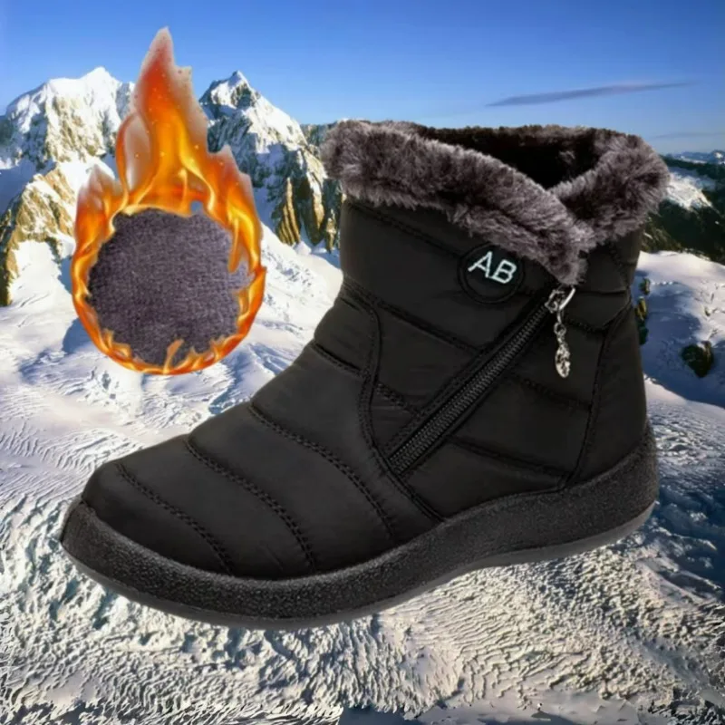 Winter Snow Ankle Boots, Full Deep Fuzzy Plush Inner Lining, Side Diagonal Zipper with Decorative Ring Pull Outdoor Cold Shoes