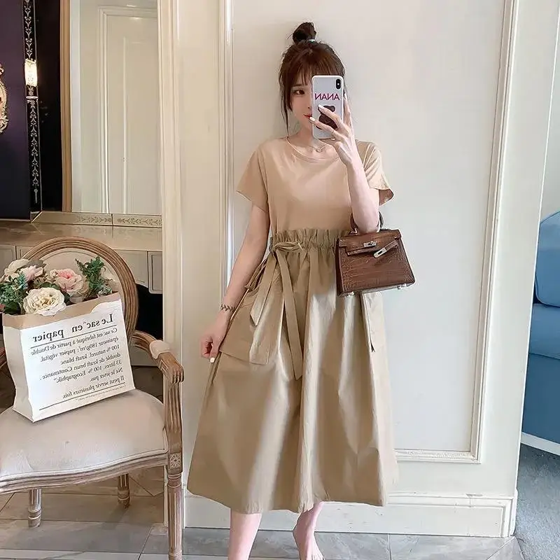 Large Size Summer Casual Slimming and Flesh Covering Fake Two-piece Dress with Waistband Tie Up T-shirt Skirt and Black Skirt