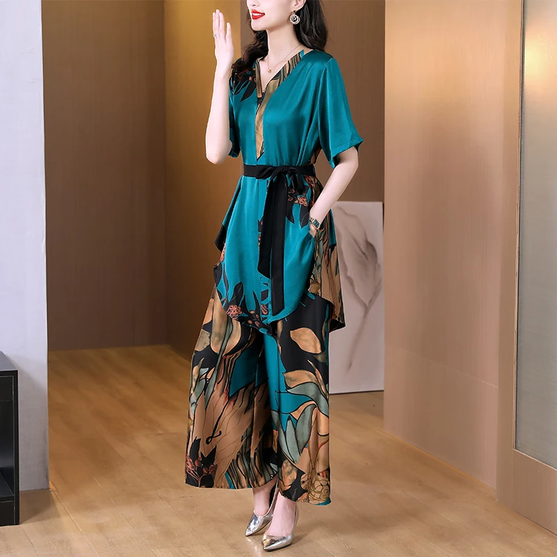 Women Floral Short Sleeve Cardigan Dress+Wide Leg Pants Two Piece Sets Korean Fashion Elegant Luxury Two Peice Dress Sets