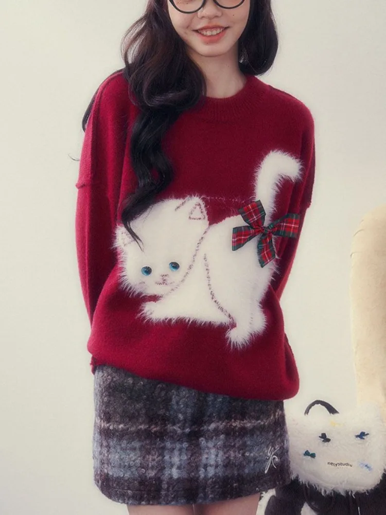 Kawaii Kitty Cat Print Christmas Red Pullover Bow Women O-Neck Sweaters Y2k Sueter Mujer Japanese Sweet Preppy Style Knitted Top