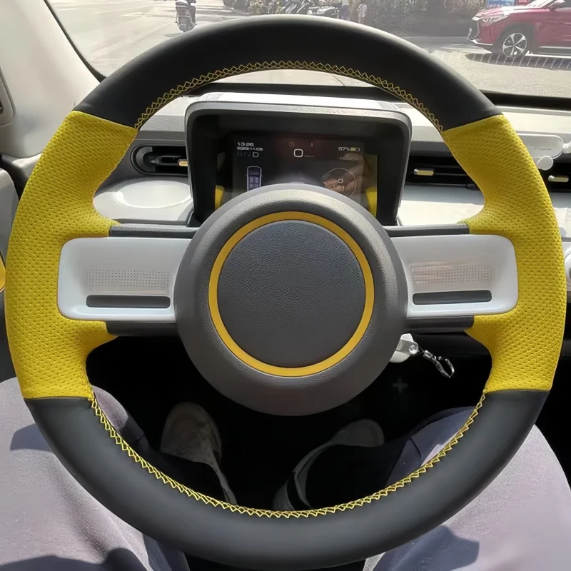 DIY Black Genuine Leather Car Accessories Steering Wheel Cover For Wuling Hongguang mini 3 Macaron Bingo Plus Clear Sky gameboy