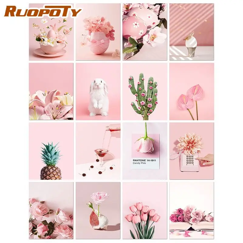 

RUOPOTY Interior Paint By Numbers Pink Flowers And Plants With Frame Paintings By Number Painting Unique Gift