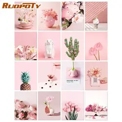 RUOPOTY Interior Paint By Numbers Pink Flowers And Plants With Frame Paintings By Number Painting Unique Gift