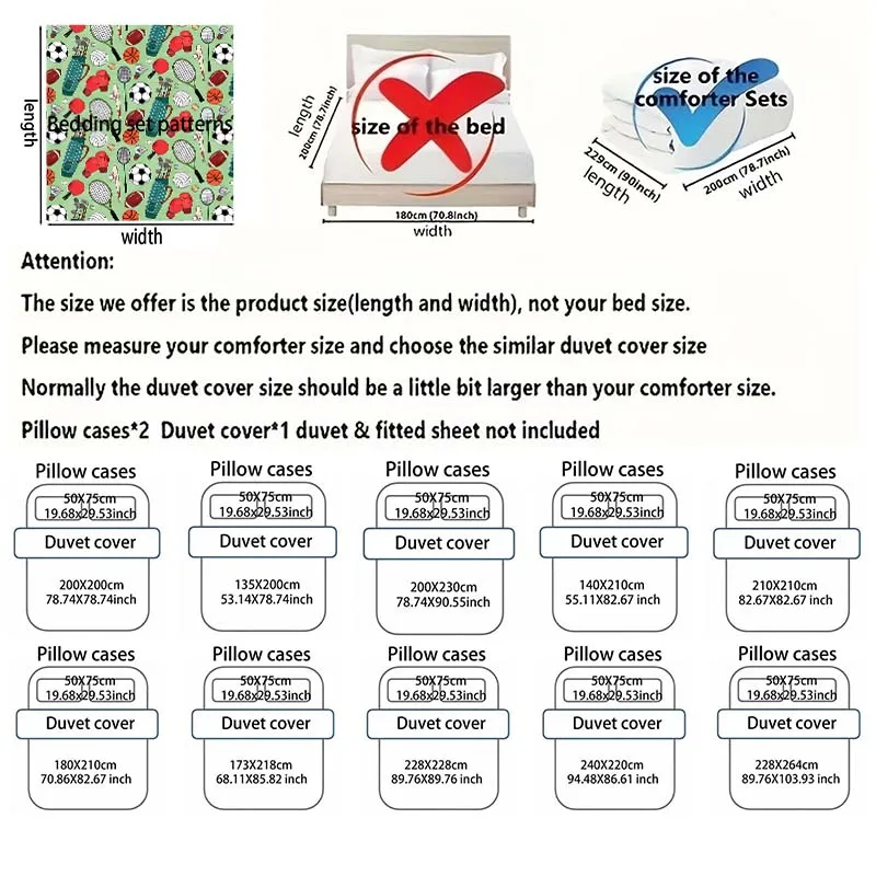 Diverse Sports Equipment Pattern Print Soft Comfortable Duvet Cover Bedding Set Included 1*Duvet Cover 2*Pillowcases 6