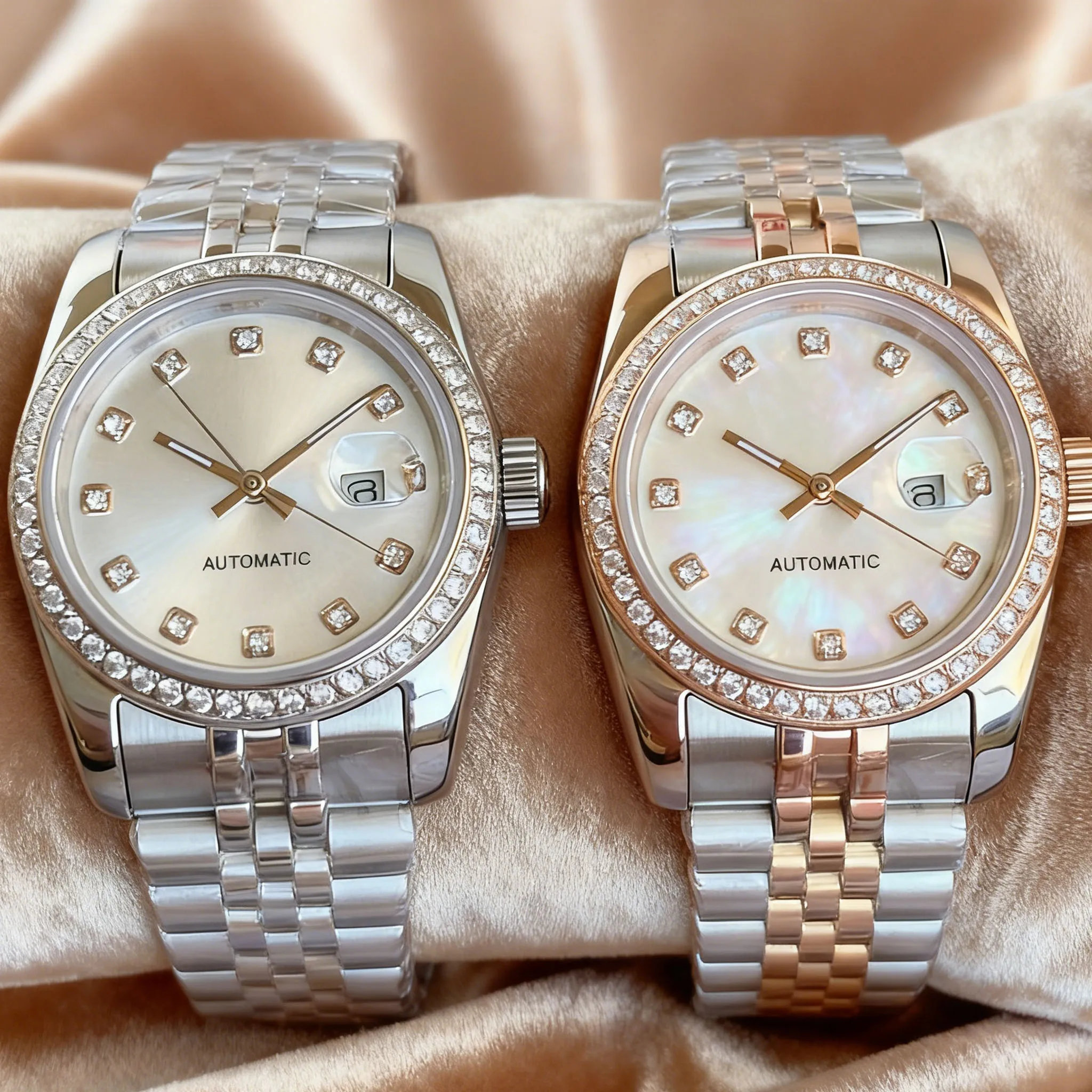 

Двухцветные женские часы с блестящими бриллиантами, 31 мм, NH05, автоматический механизм, 10 АТМ, сапфировое стекло, солнечные лучи, стерильный циферблат, нержавеющая сталь