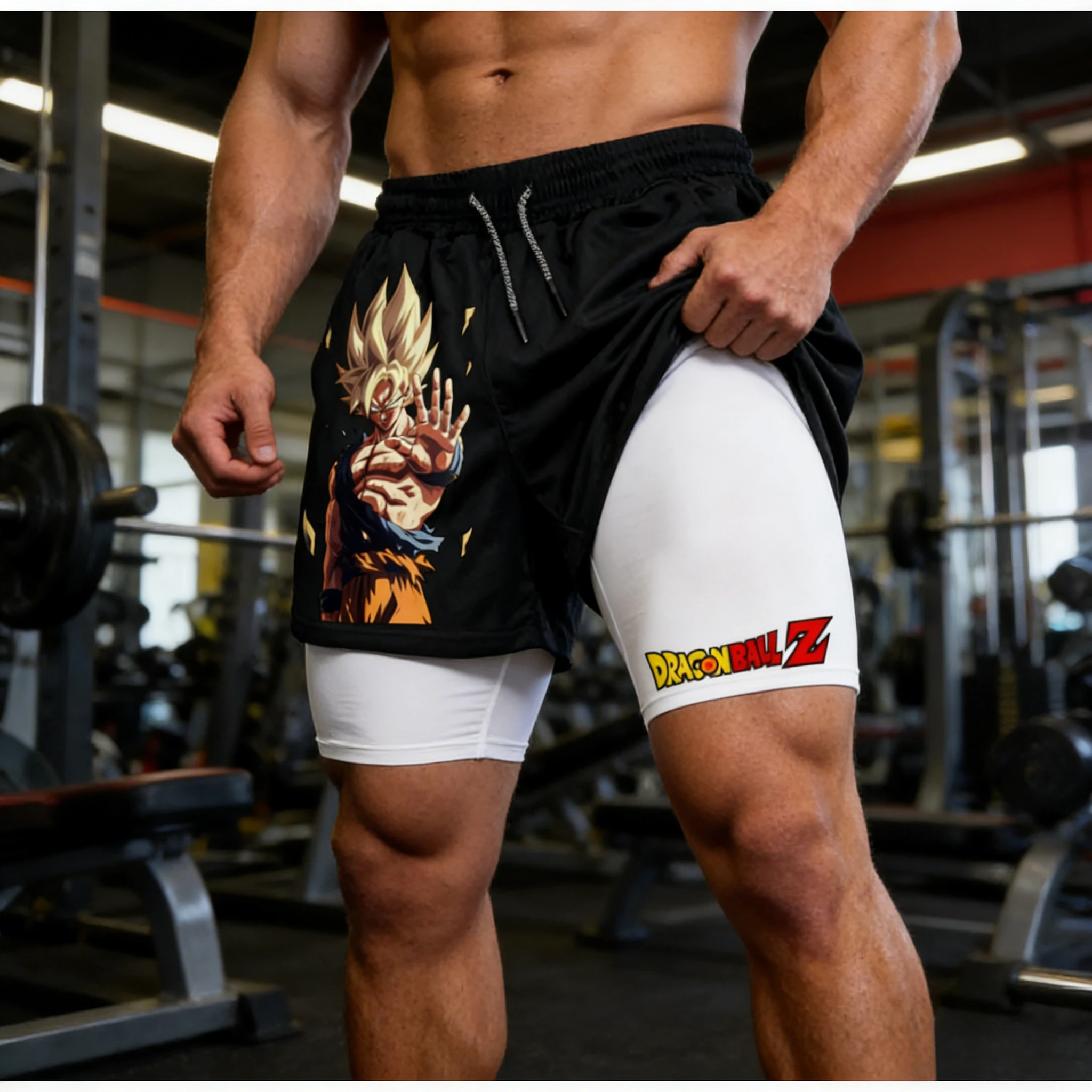

2026 Summer Black & White Dragon Ball Z Goku 2-in-1 Double Layer Gym Shorts, Oversized Men's Fitness Retro Streetwear Unisex Y2k