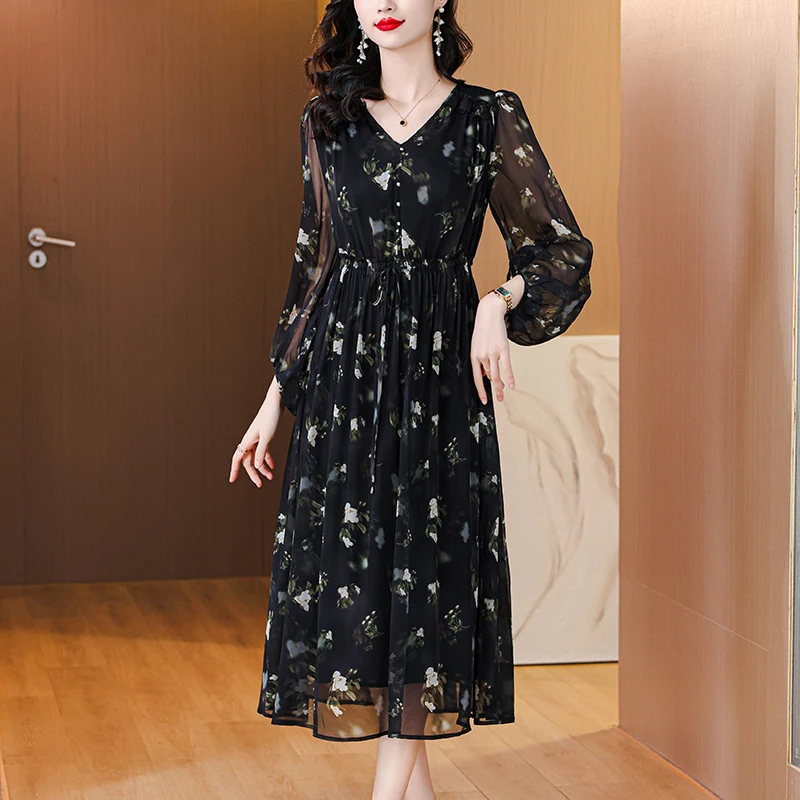 2024 Spring Vintage Loose 4XL Plus Size Midi Women Dress Boho Floral Mulberry Silk Long Sleeve Maxi Dress Elegant Party Vestidos