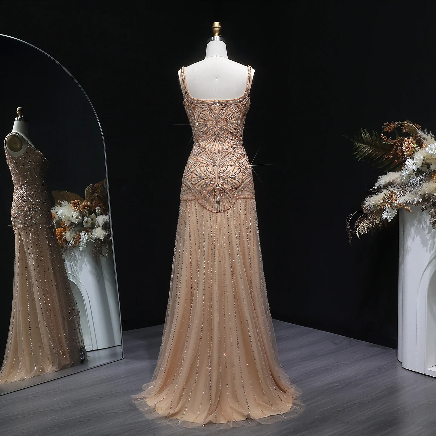 Sharon Said Dubai Champagnerfarbenes Abendkleid mit Spaghettiträgern und Kristallen, Arabisches Damen-Hochzeitskleid, SS552, Maßanfertigung – Detail 12