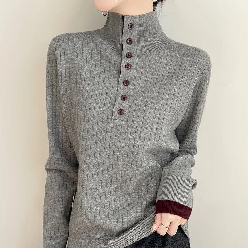 Damen-Rollkragenpullover mit Vintage-Knöpfen, Herbst/Winter, langärmeliger Pullover, Modetrends, weiche und bequeme Strickoberteile