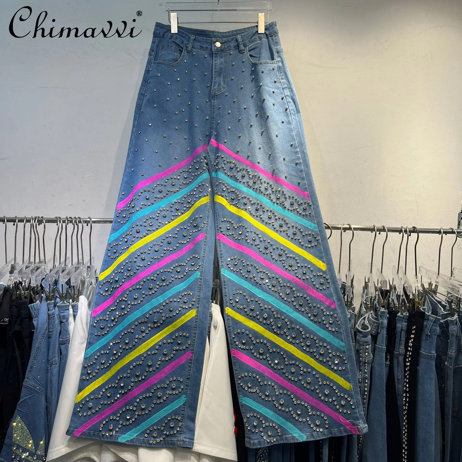 

European Style Diamond Color-Block Line Denim Wide-Leg Pants Women Autumn New Fashion Oversized Straight-Leg Women Jeans