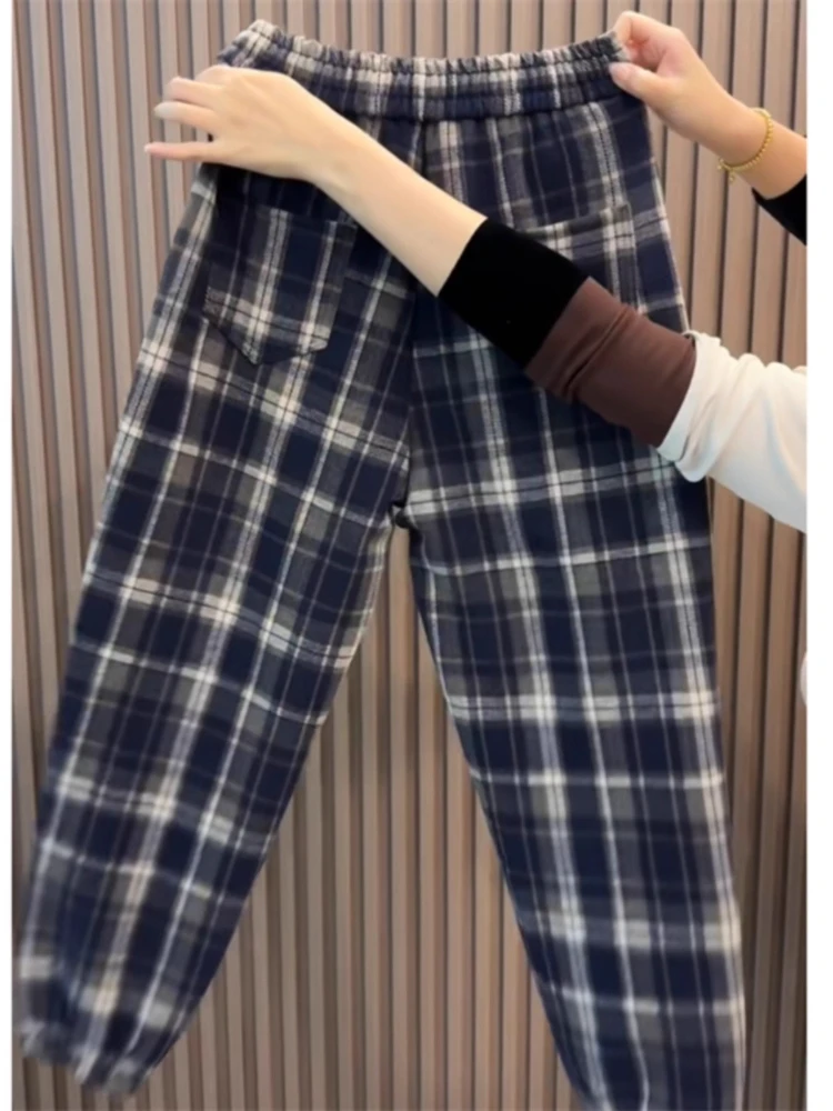 Women Plaid Slacks Winter Fashion Y2k Fleece-Lined Thicken Loose High Waist Pants 2025 New Korean Drawstring Slim Haren Trousers