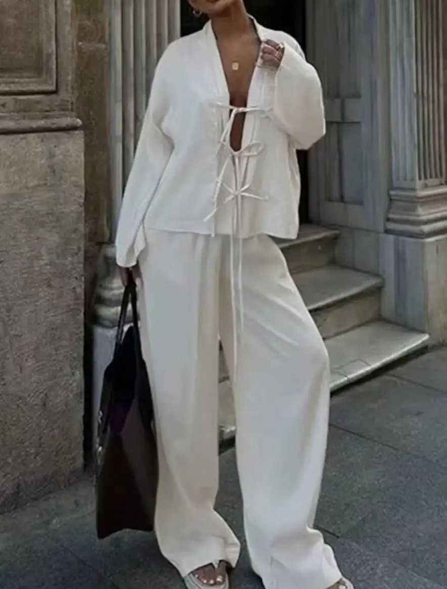 2026 Spring New Style Fashion High-Class Lace-Up Shirt + Pants Set for Women, Casual and Fashionable Women's Outfit