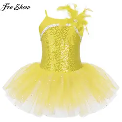 Kids Girls Ballet Dance Skating Tutu Dress Ballerina Sleeveless Feather Shiny Sequin Mesh Cute Christmas Party Leotard Dress