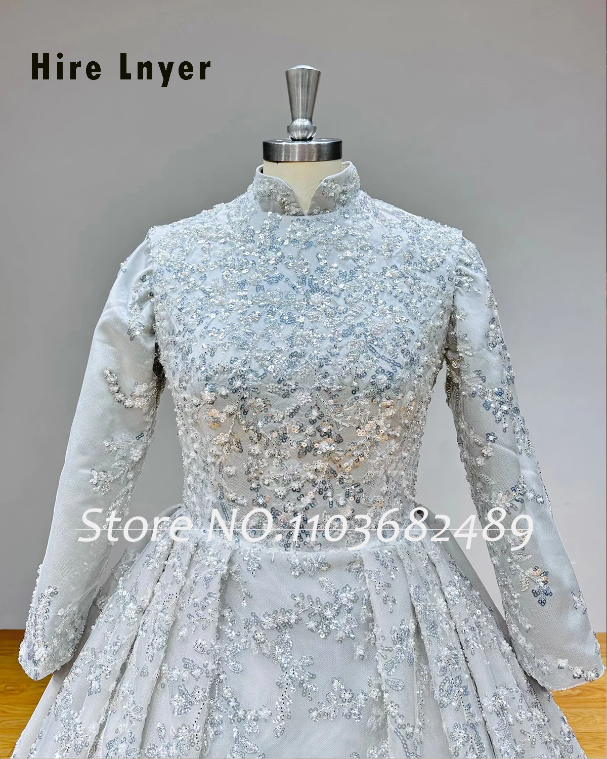 Hire Lnyer High Neck Zipper Up Back Long Sleeve All Over Covered Shiny Beading Pearls Sequins Grey Muslim Wedding Dresses