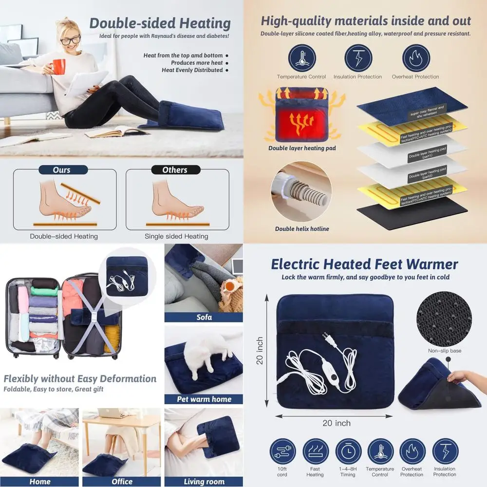 

Dual-Sided LCD Electric Foot Warmer - Washable Heating Pad for Desk, Bed, Office, Home, Blue, 20x20