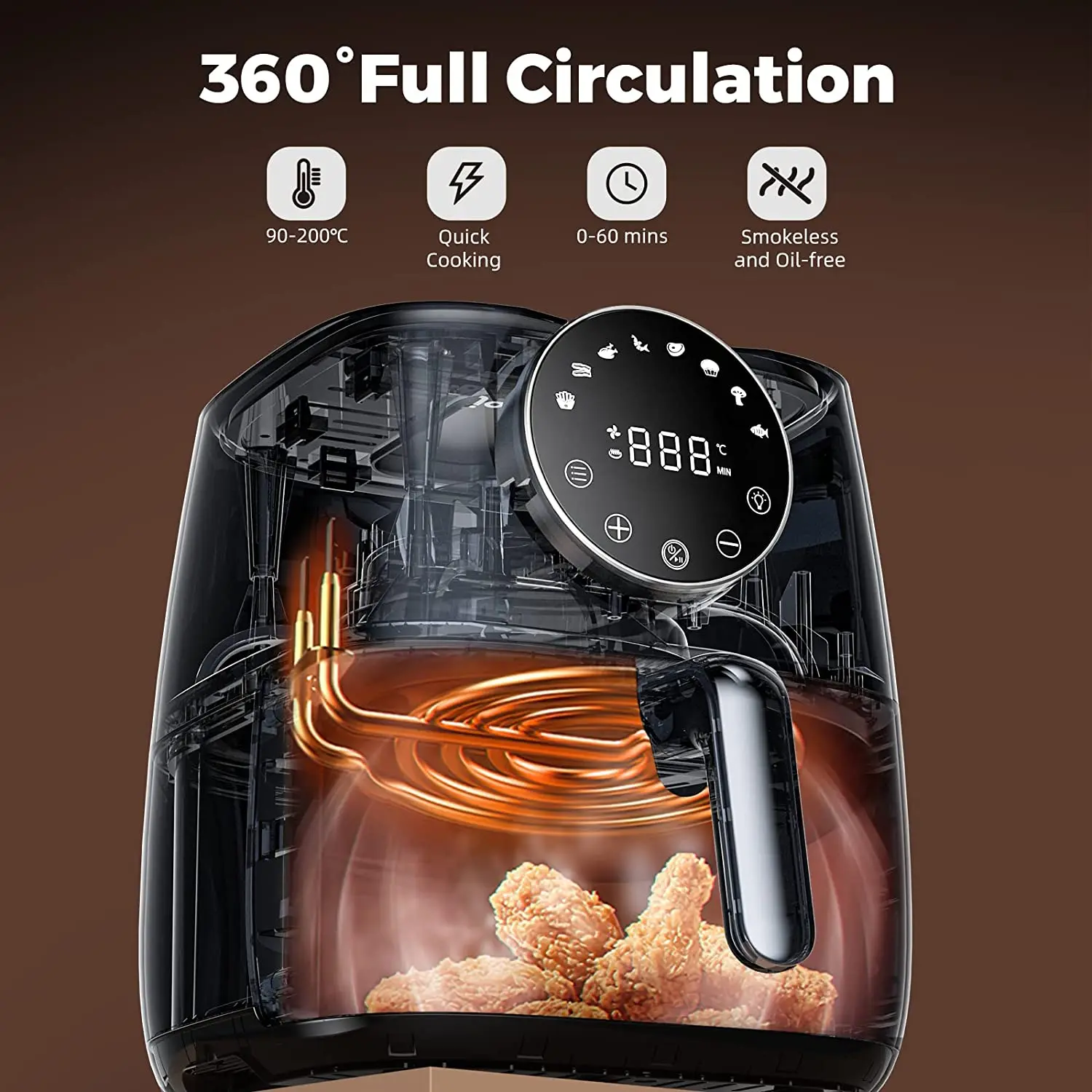 Joyami 5.7l Visuele Lucht Friteuse 360 ° Volledige Circulatie Digitaal Scherm/Knop Controle/1700W/60Min Timer Diepe Oven