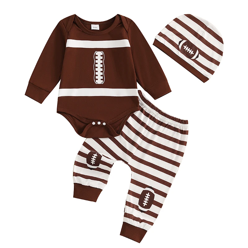 

Baby Boy Fall Outfit Rugby Stripe Print Long Sleeve Rompers and Elastic Pants Hat Set Spring 3 Piece Clothes