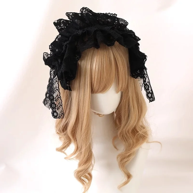 Black Lace Lolita Headpiece Doll Bow Hairband Halloween Cosplay Gothic Black Subculture Punk Handmade Multi-layer Lace Hairban