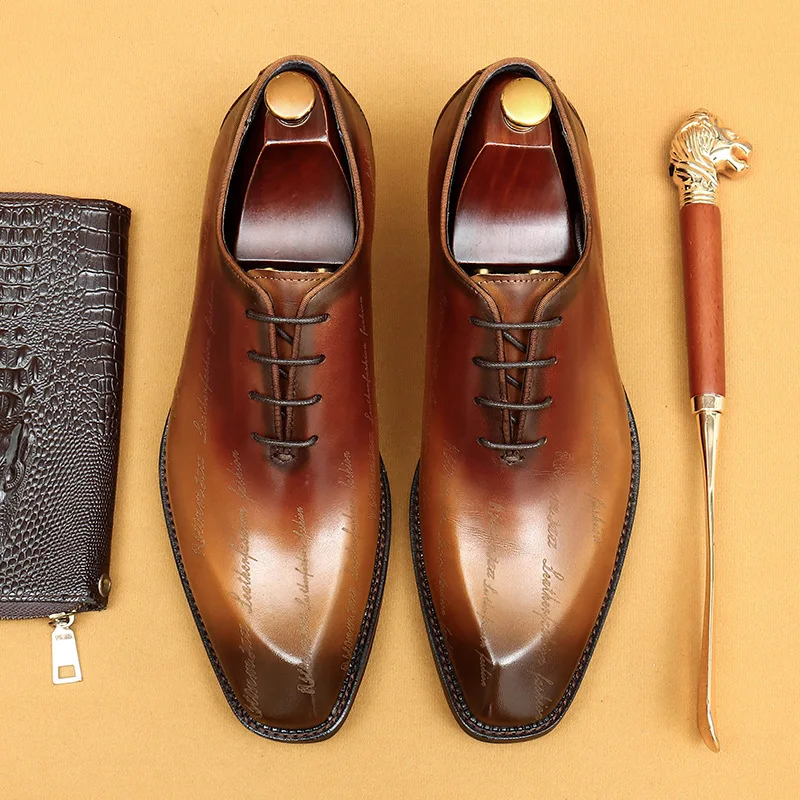 Men's Business Dress Leather Shoes Genuine Leather Shoes Full Cowhide British Laser Engraving Pattern Men's Wedding Shoes 37-46