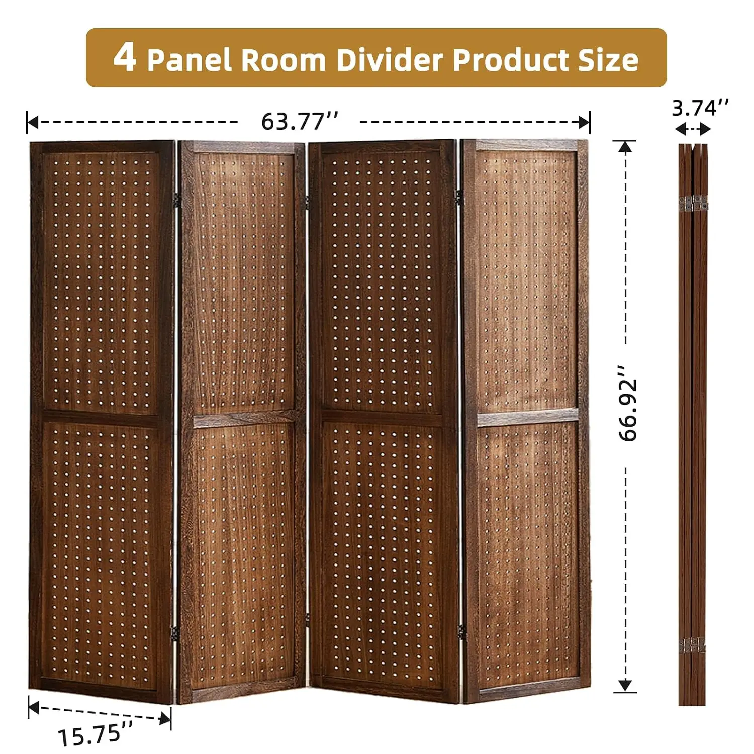 4 Panel Wooden Pegboard Display Room Divider with 16 Hooks, Folding Privacy Screen Partition for Retail Store Jewelry Bedroom, C