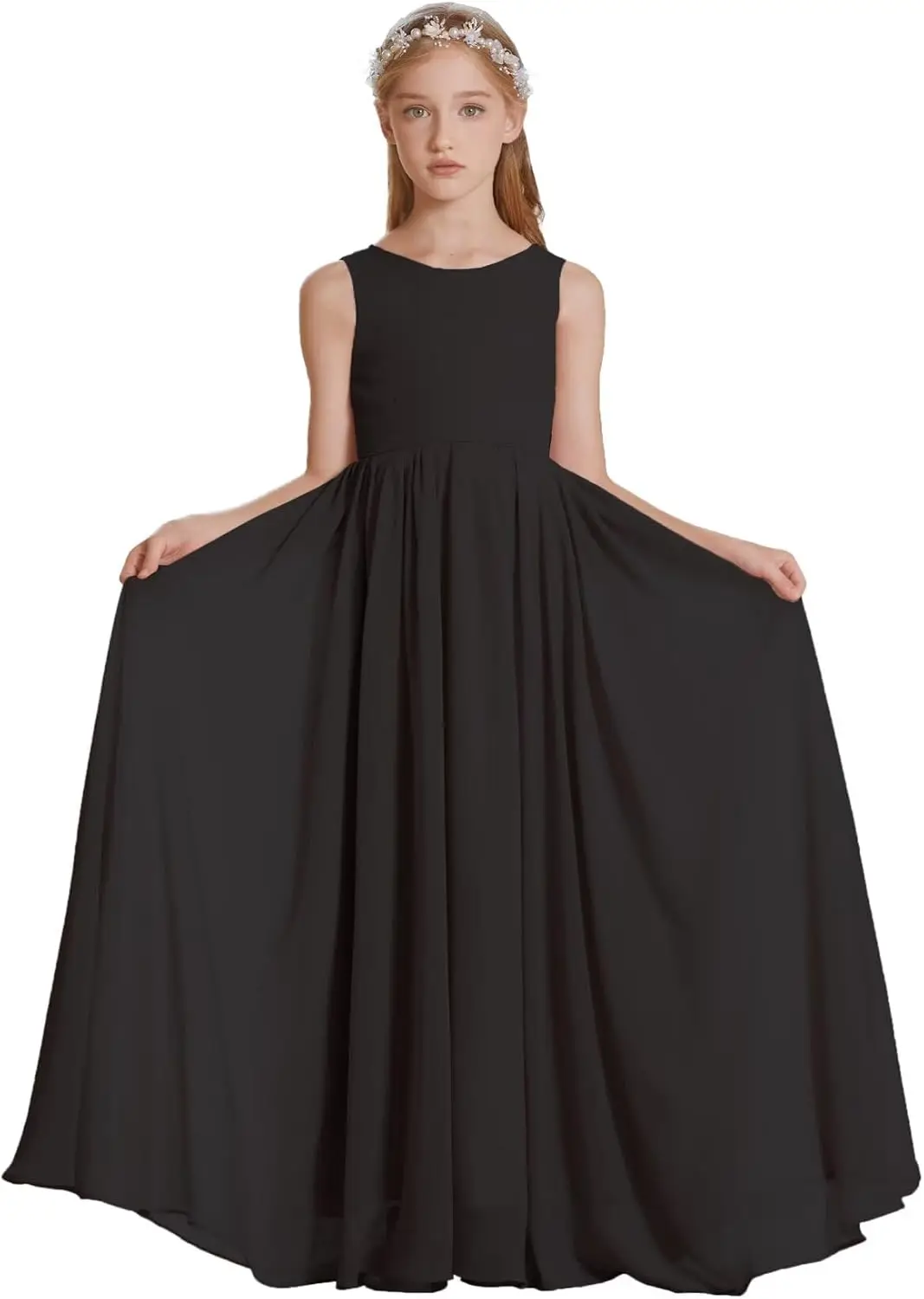 

Junior Bridesmaid Dresses A-line Sleeveless Floor-Length Chiffon Maxi Dress for Wedding Flower Girl Teen Gown Girl Dress