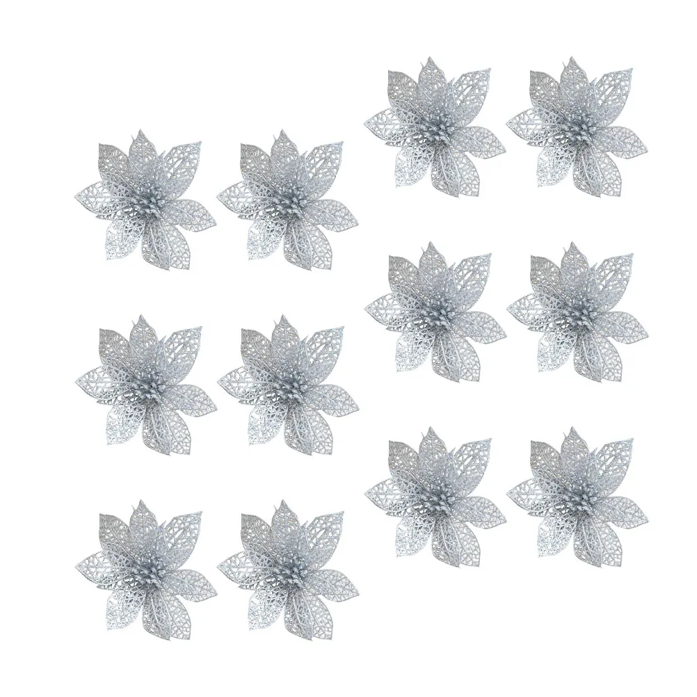 

12 Pcs Iridescent Christmas Artificial Flowers Decoration Glitter Ornaments Silver