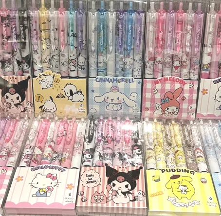 

Sanrio Hello Kitty 6pcs Series Gel Pen 0.55mm Refill Y2k Cinnamoroll Kuromi MelodyCartoon Press Pen Black Stationery Supplies