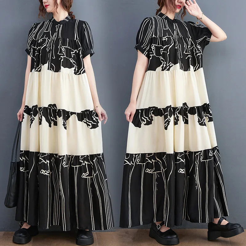 Female new summer plus size Korean style literary printing  patchwork slimming loose dress