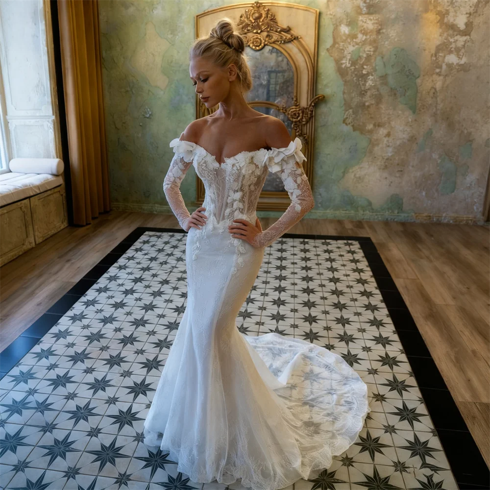 Maßgeschneiderte Applikationen, schulterfrei, herzförmiger Ausschnitt, Meerjungfrau-Hochzeitskleid, Schnürung am Rücken, bodenlang, Sweep-Zug-Kleid für die Braut