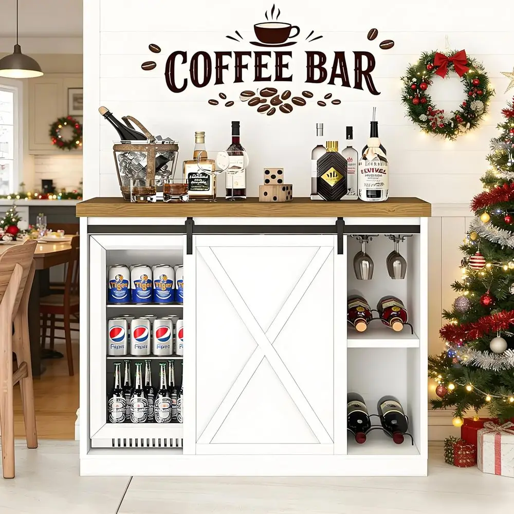 

White Sliding Barn Door Sideboard with Ridge Space, Wine Rack, Glass Holder & Power Outlets for Dining and Living Rooms