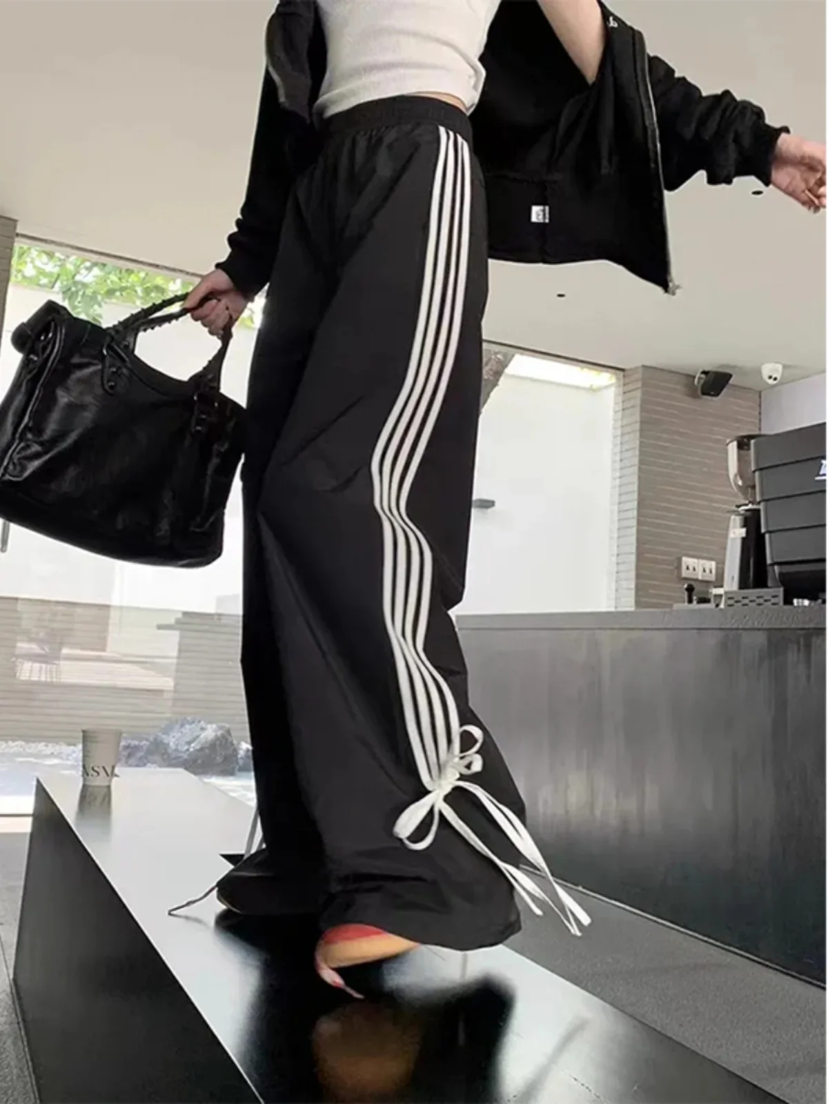 

plus Size Sports Pants Women's Loose High Waist Casual Long Trousers Knot Side Stripe Comfortable plus Size Trousers
